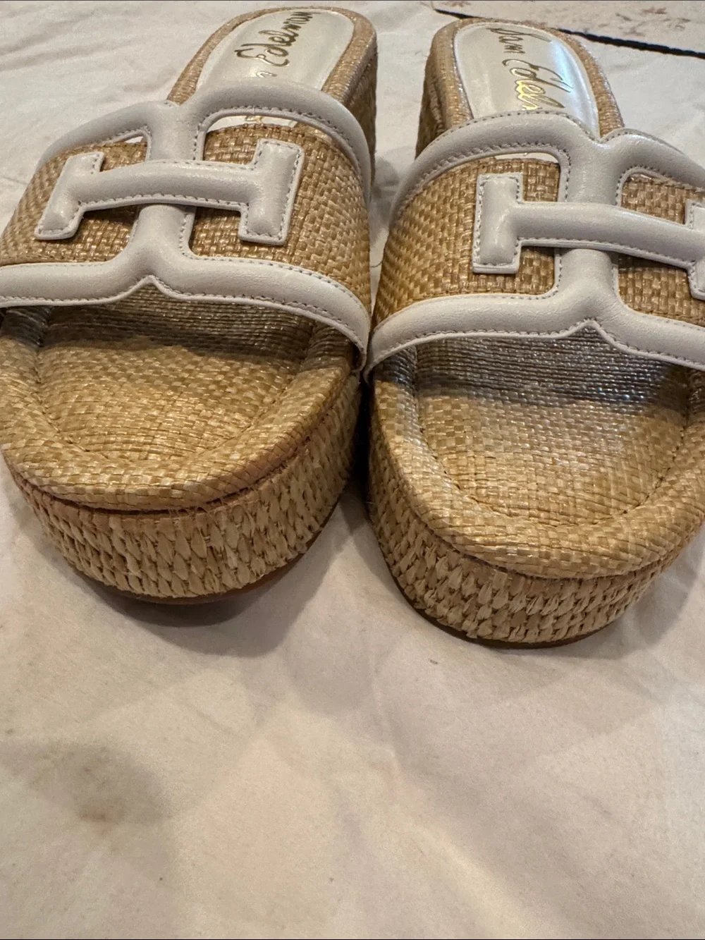 Sam Edelman Natural Raffia Wedge Sandals with White Trim